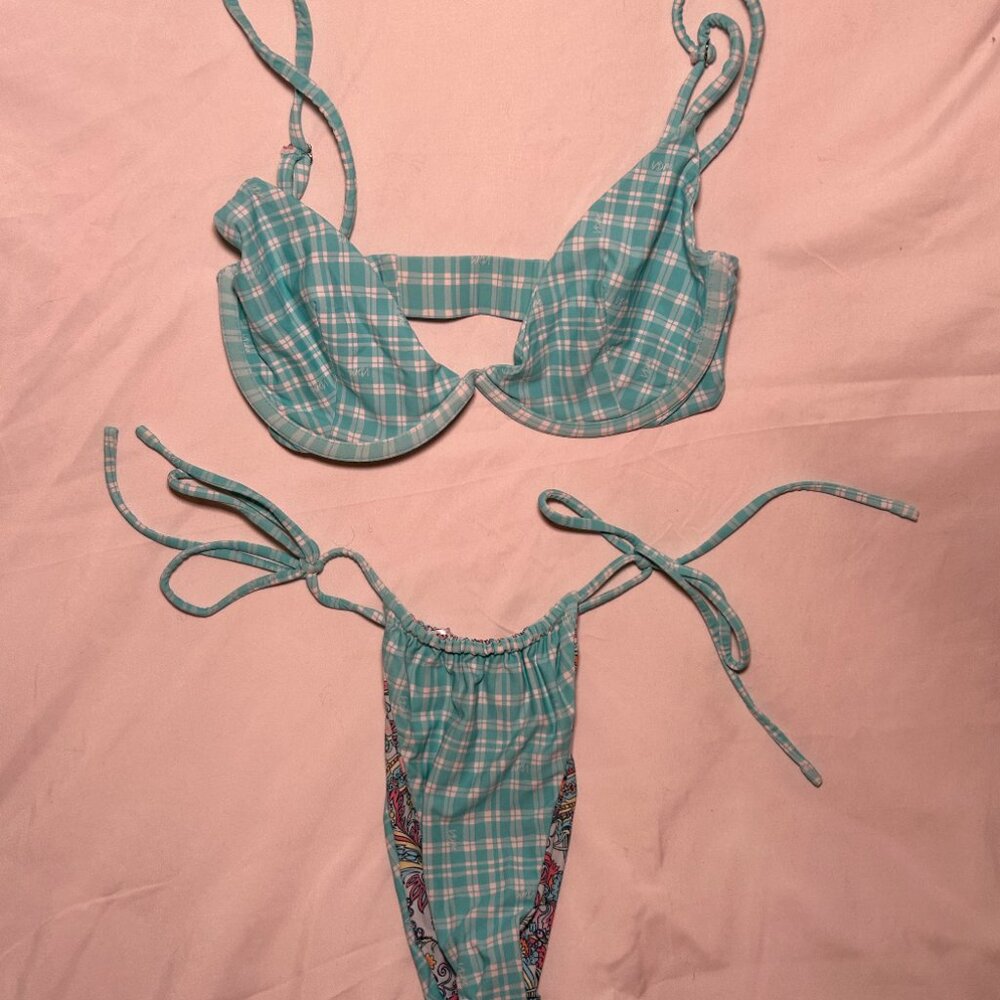 Blue Checkered Reversible Bikini